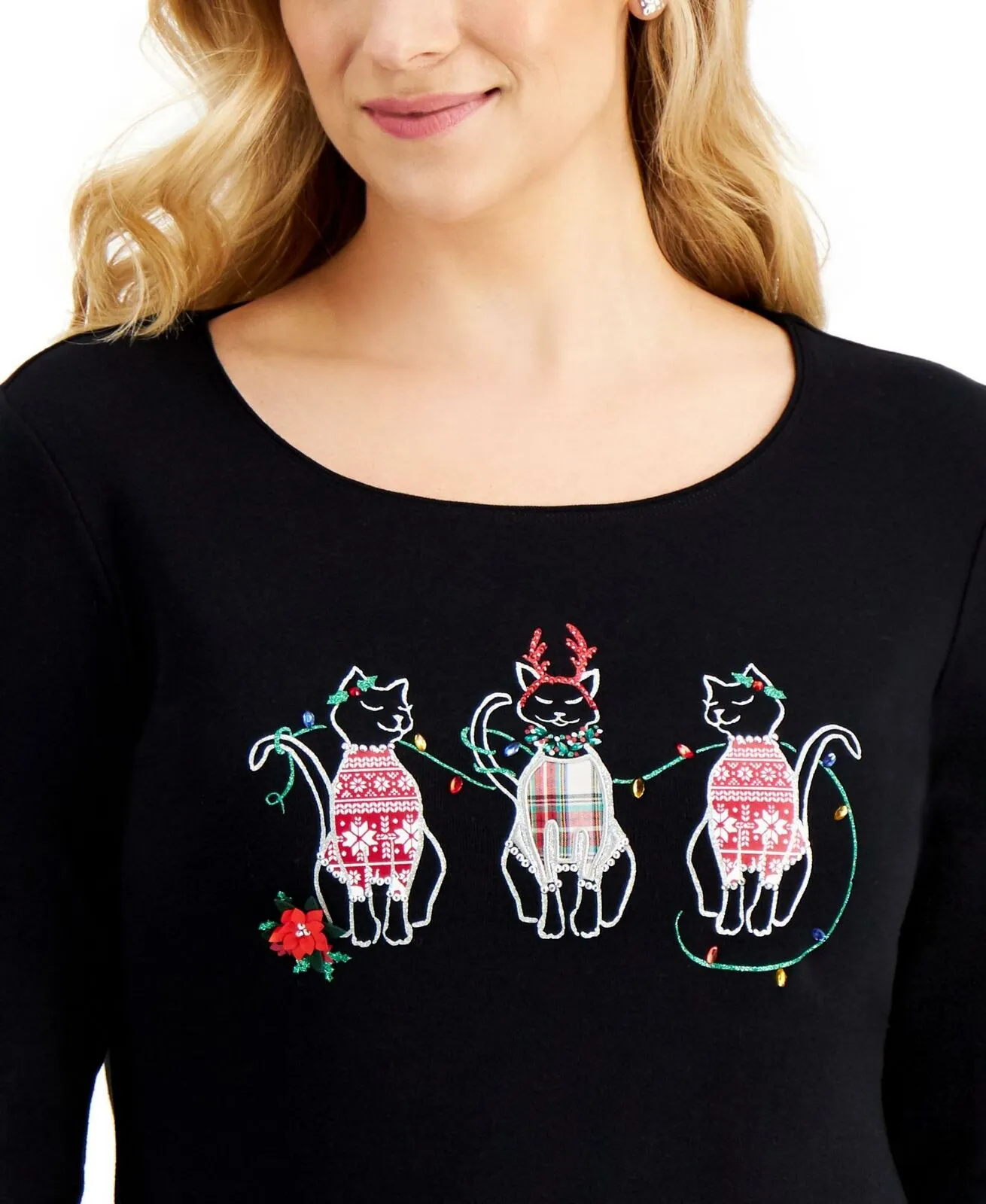Karen Scott Petite Embellished Graphic 3/4 Sleeve Christmas Top