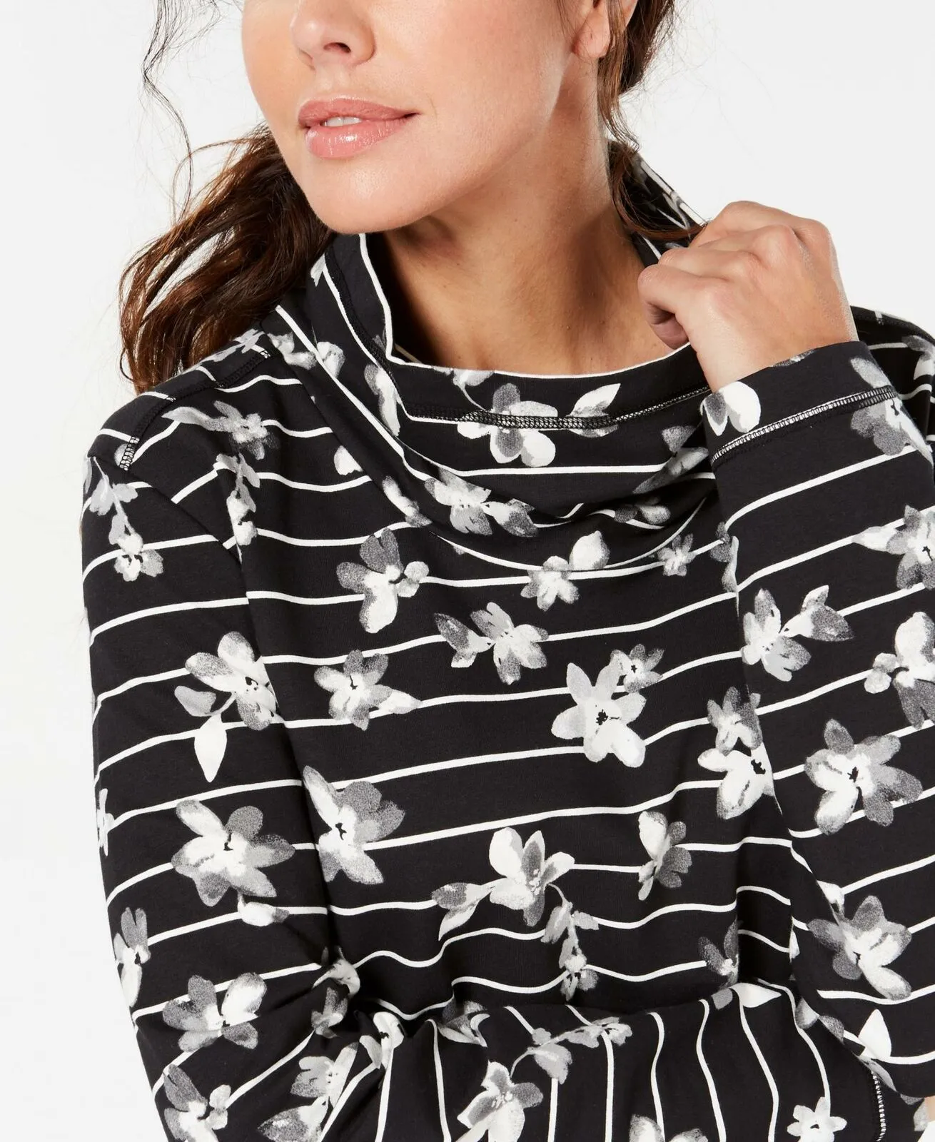 Karen Scott Women's Floral Stripe Funnel Neck French Terry Top