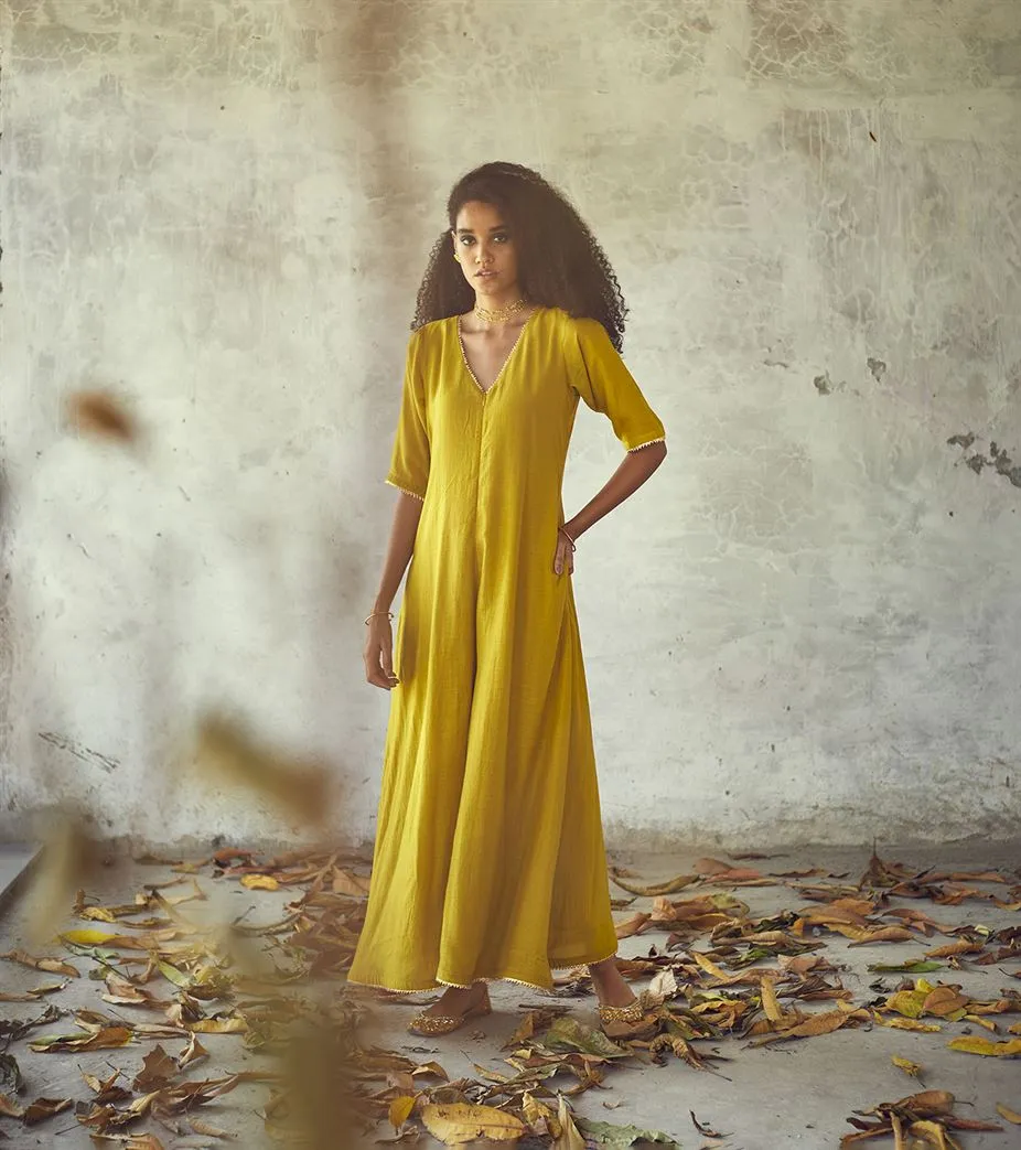 Khara Kapas Turtle Bay gota hem neck Sunehri jumpsuit KW625 Festive
