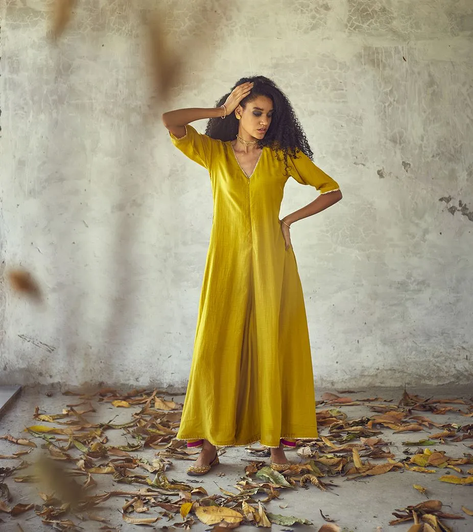 Khara Kapas Turtle Bay gota hem neck Sunehri jumpsuit KW625 Festive