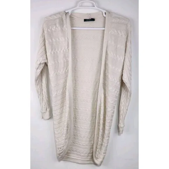 Lauren Ralph Lauren White Cable Knit Open Cardigan S/M Long Cotton Blend