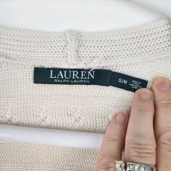 Lauren Ralph Lauren White Cable Knit Open Cardigan S/M Long Cotton Blend