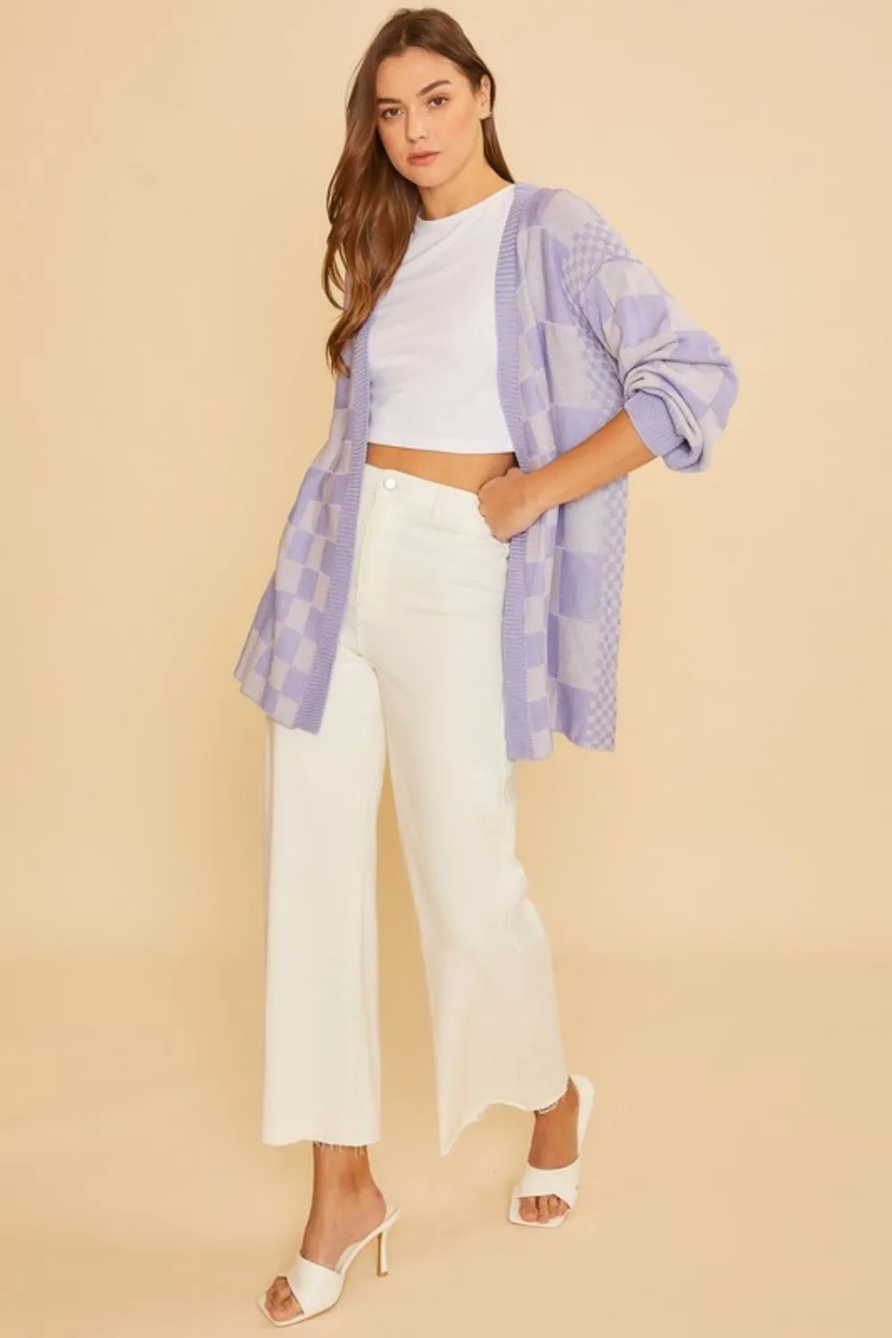 Lavender Checkered Open Front Drop Shoulder Cardigan