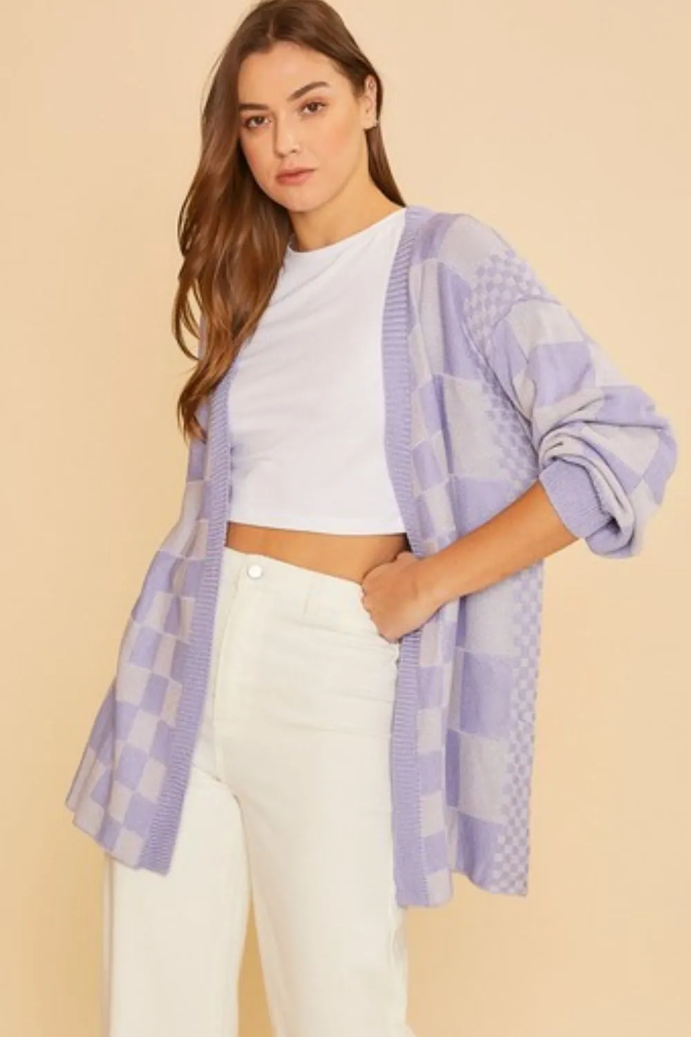 Lavender Checkered Open Front Drop Shoulder Cardigan
