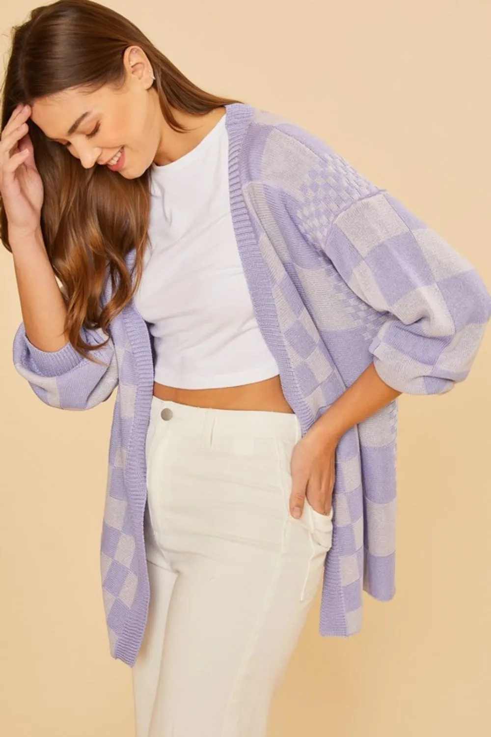 Lavender Checkered Open Front Drop Shoulder Cardigan