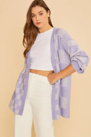 Lavender Checkered Open Front Drop Shoulder Cardigan