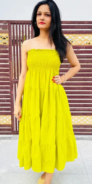 Lime Green Tiered Dress Shirred flexible broad band, Gathered, Summer Dresses Pure Cotton Voile