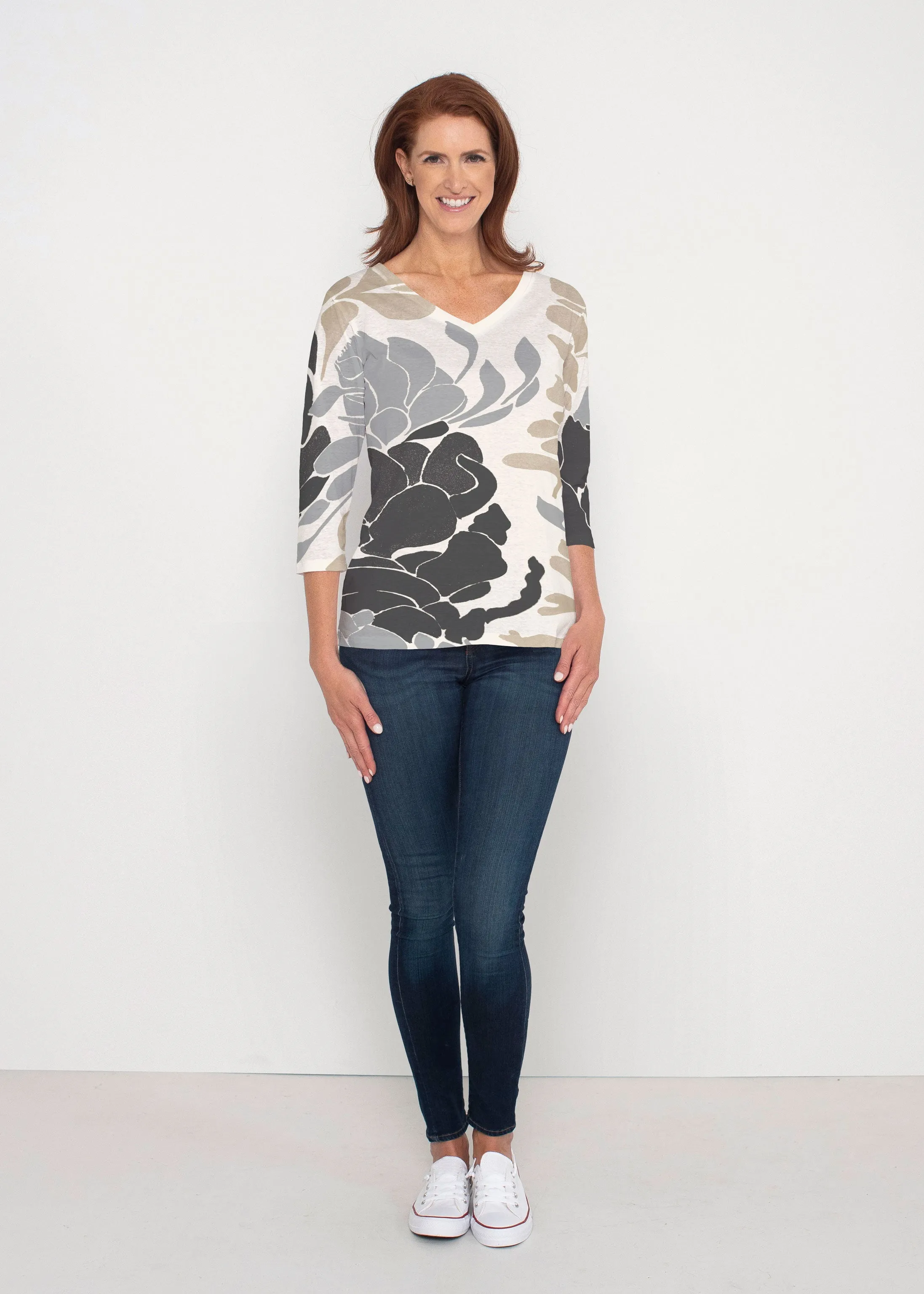 Lotus Grey (23057) ~ Signature 3/4 Sleeve V-Neck Top