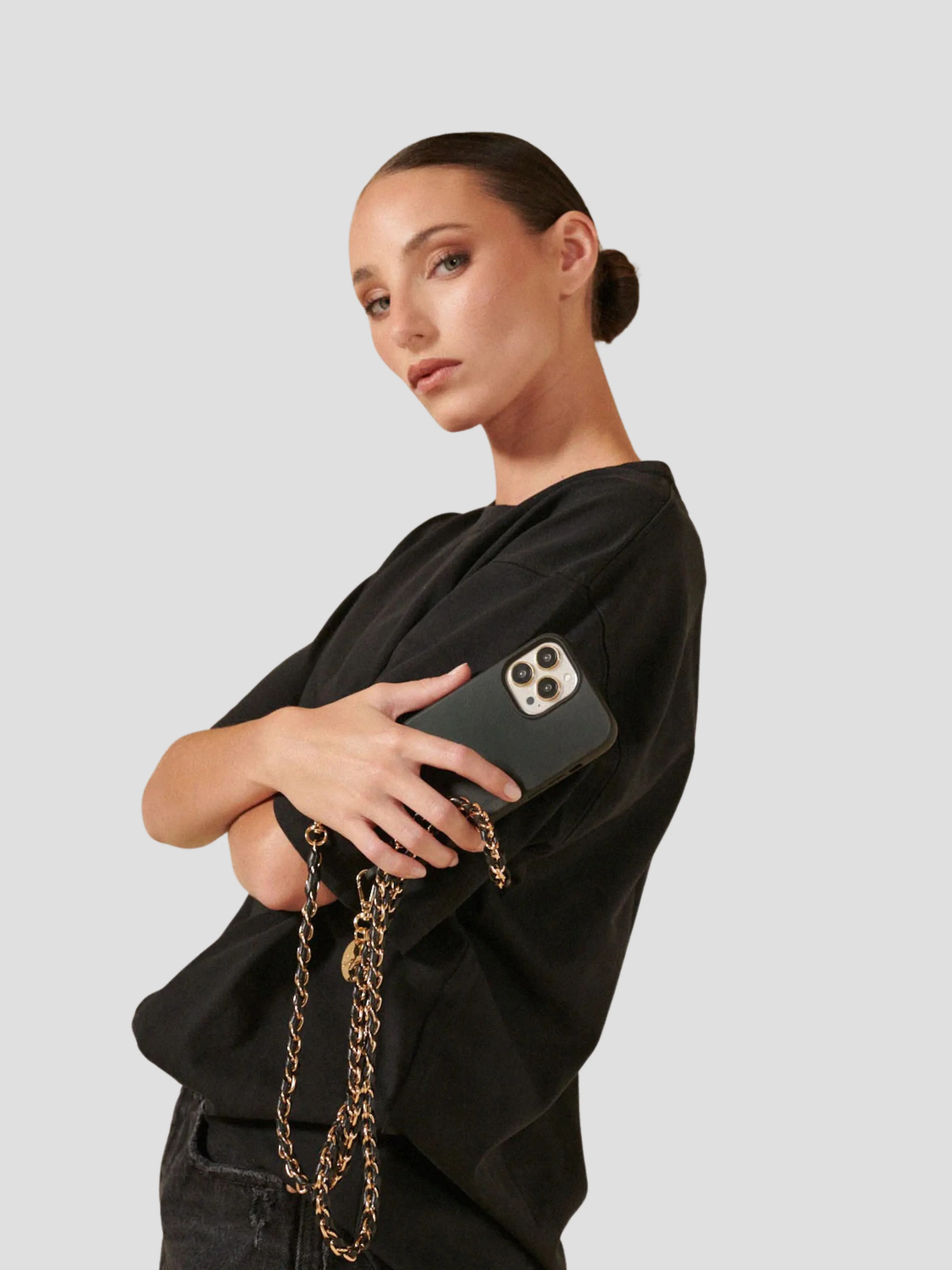 Lou 47" Woven Phone Chain in Black and Gold