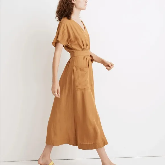 Madewell Linen Blend Dolman Sleeve Midi Dress Caramel Coffee Brown VNeck READ 4