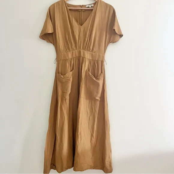 Madewell Linen Blend Dolman Sleeve Midi Dress Caramel Coffee Brown VNeck READ 4