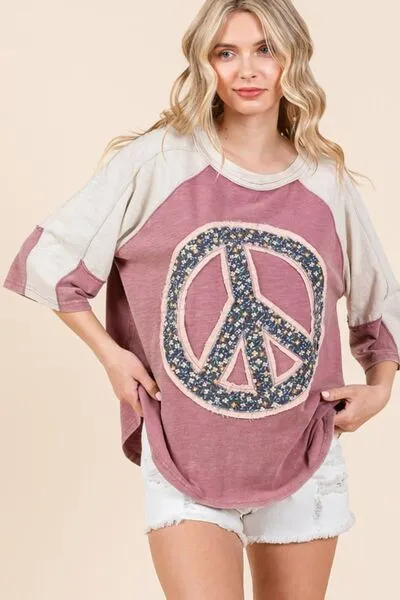 Mauve Peace Sign Patch Mineral Washed T-Shirt