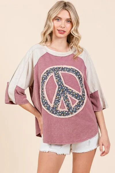 Mauve Peace Sign Patch Mineral Washed T-Shirt