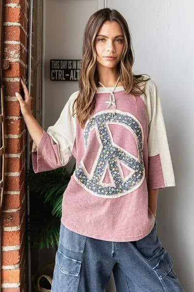 Mauve Peace Sign Patch Mineral Washed T-Shirt