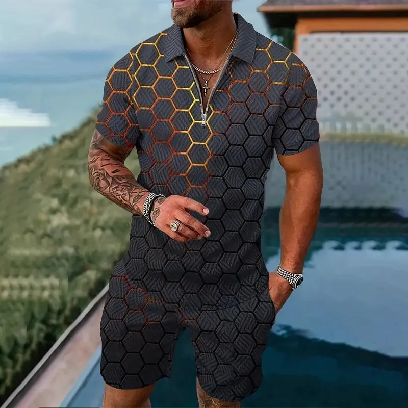 Mens Casual 3D Print Polo Shirt and Shorts 2-piece Set