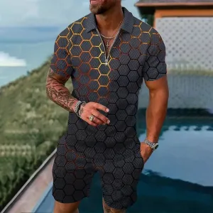 Mens Casual 3D Print Polo Shirt and Shorts 2-piece Set