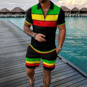 Men's Geometric Print Casual Short-Sleeved Polo Two-Piece Set