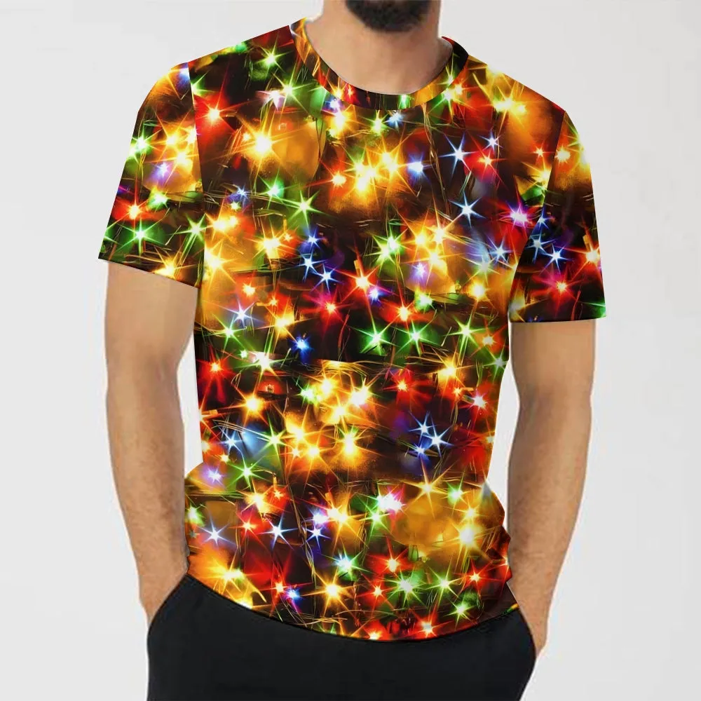 Men's Holiday Colorful Lights Round Neck Casual T-Shirt 2311000636