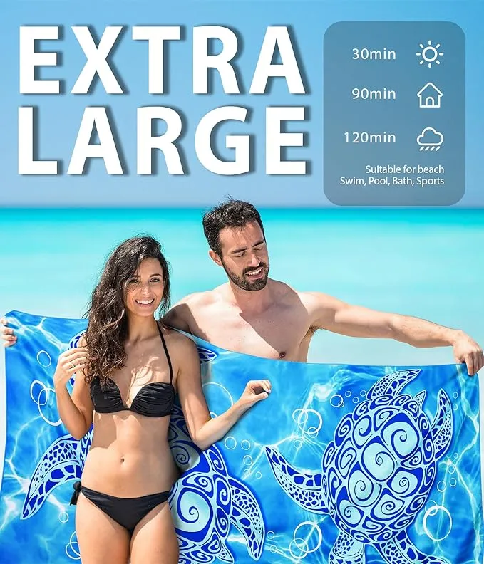 Microfiber Beach Towel –Turtle Series Quick Dry Lightweight Sand Free Oversized Towel Accessories Travel Must Have Swim Pool Yoga Camping Gear Summer Cruise Ship Essentials Cloud Compact Gift 71" 32"