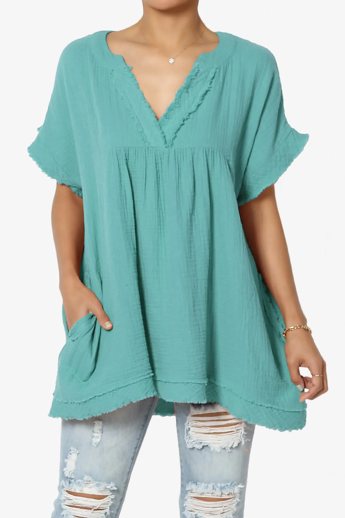 Milly Gauze V-Neck Babydoll Shirt Tunic PLUS