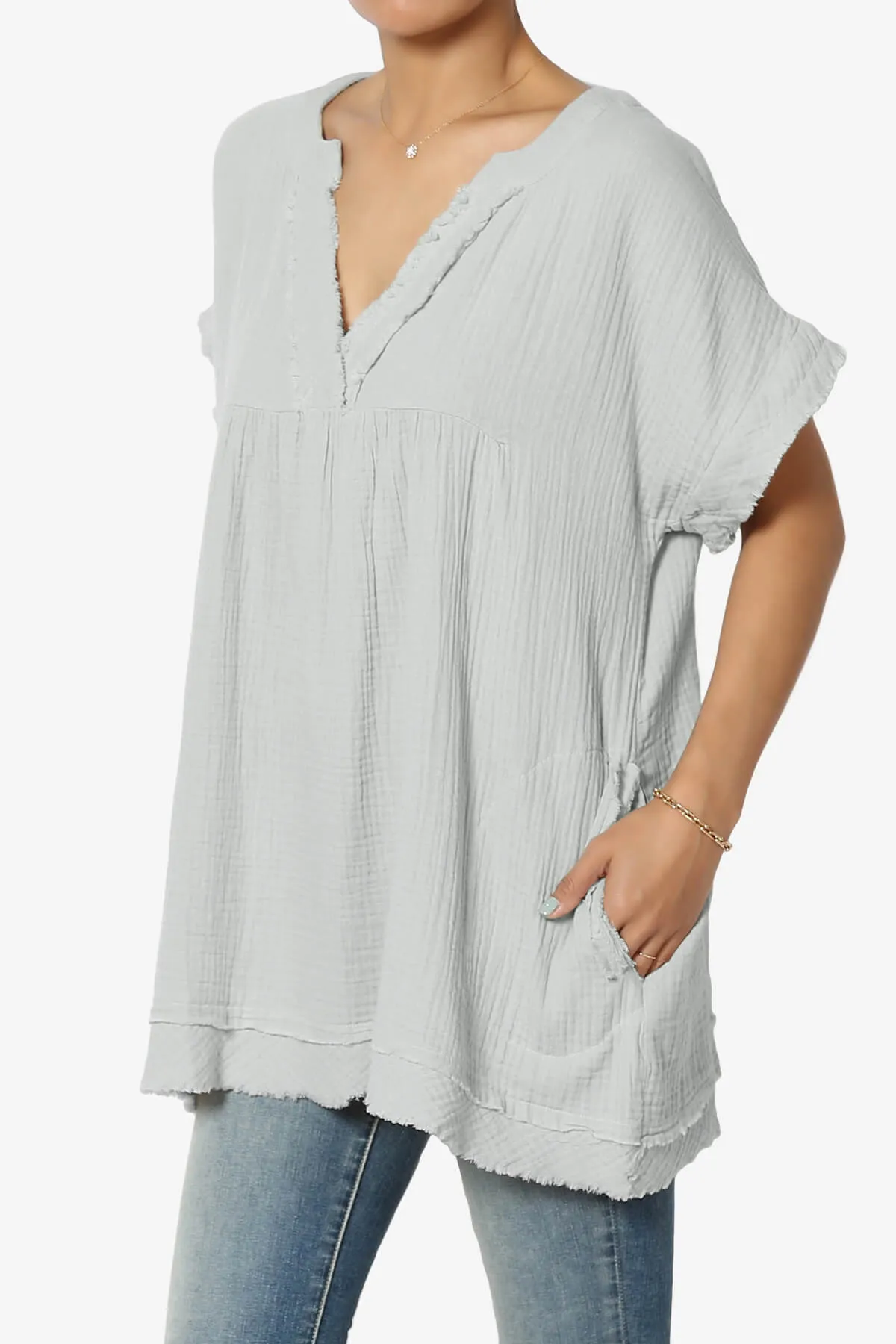 Milly Gauze V-Neck Babydoll Shirt Tunic PLUS