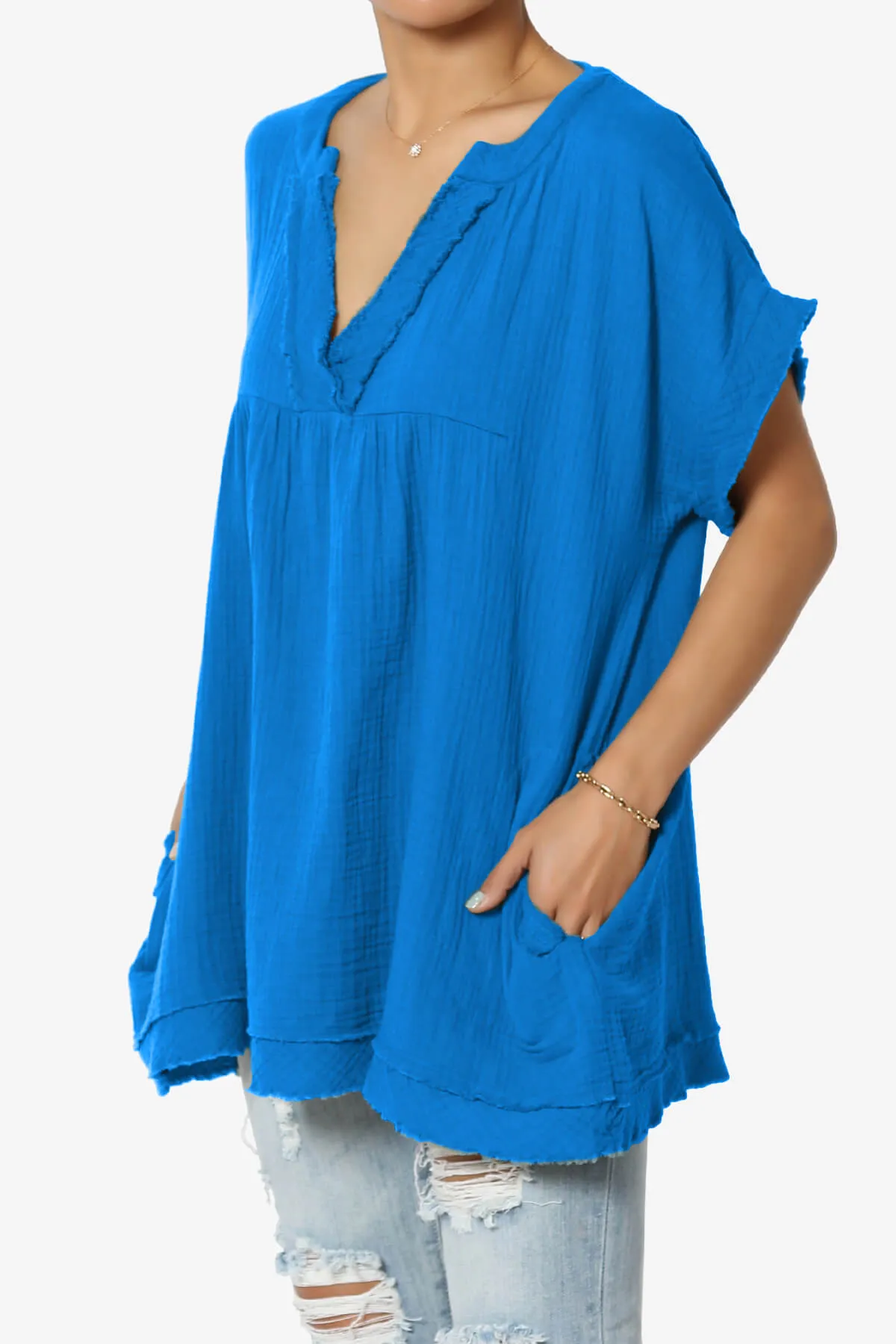 Milly Gauze V-Neck Babydoll Shirt Tunic PLUS