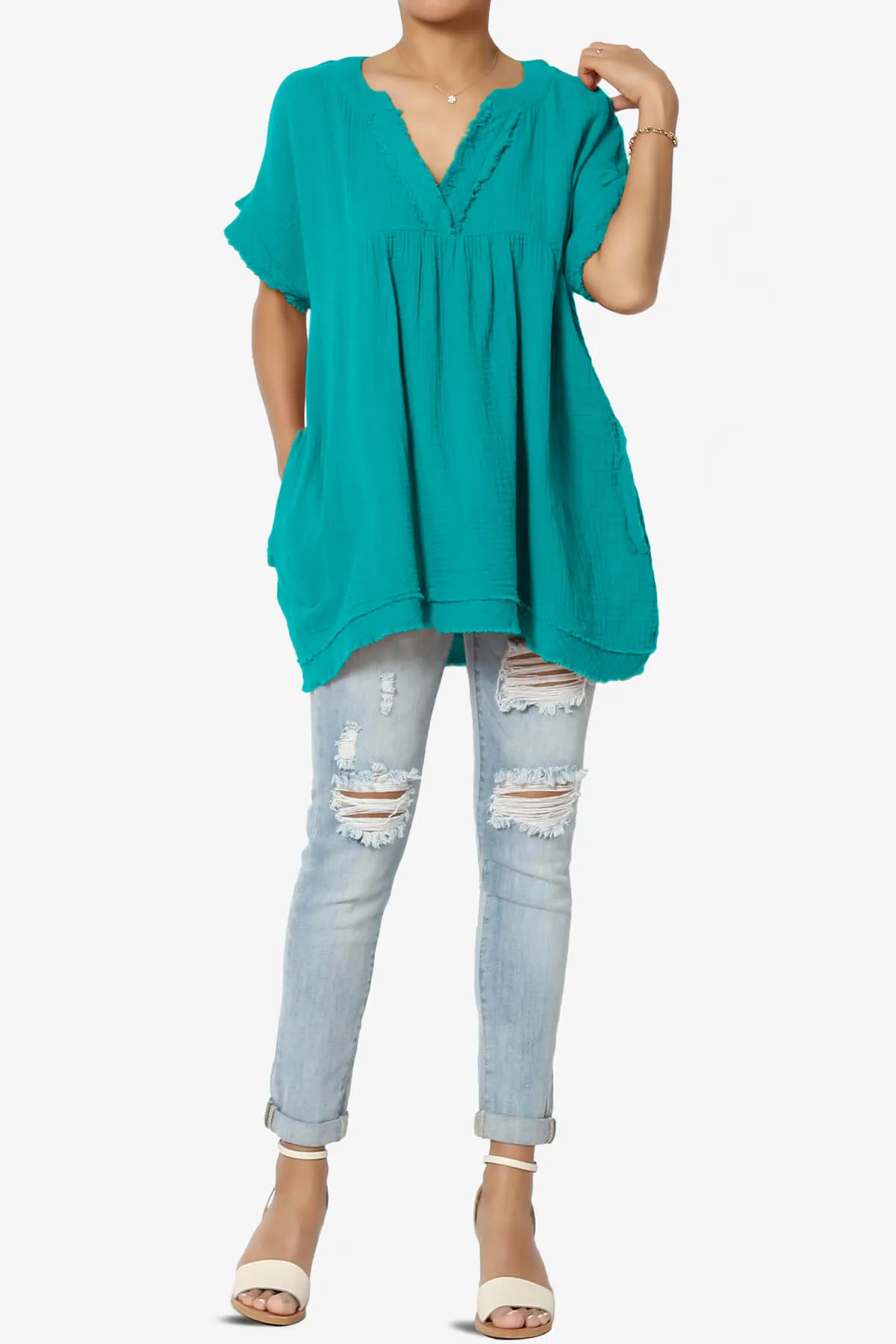 Milly Gauze V-Neck Babydoll Shirt Tunic PLUS
