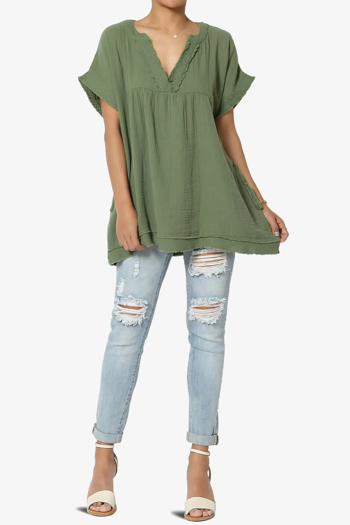 Milly Gauze V-Neck Babydoll Shirt Tunic PLUS