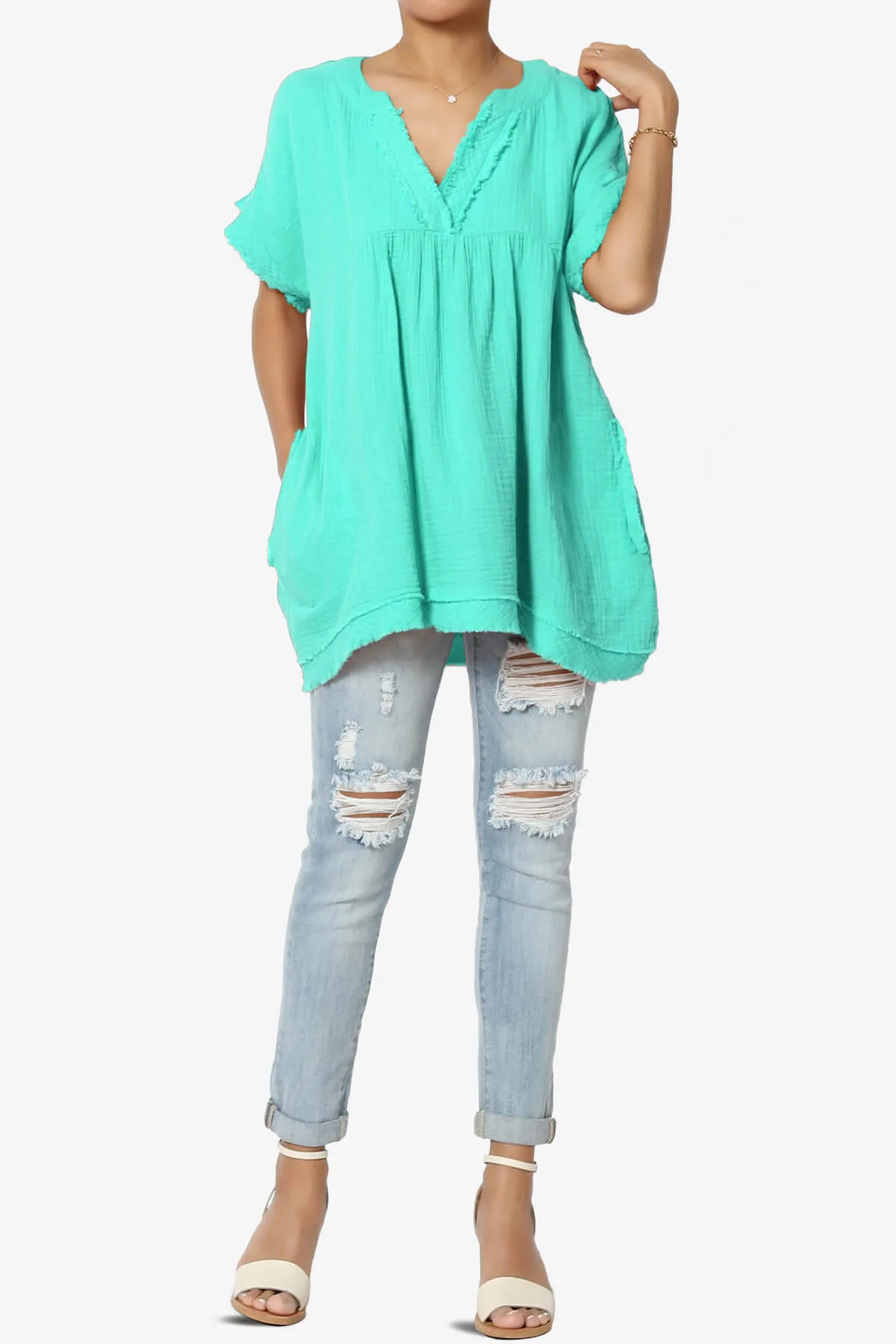 Milly Gauze V-Neck Babydoll Shirt Tunic PLUS