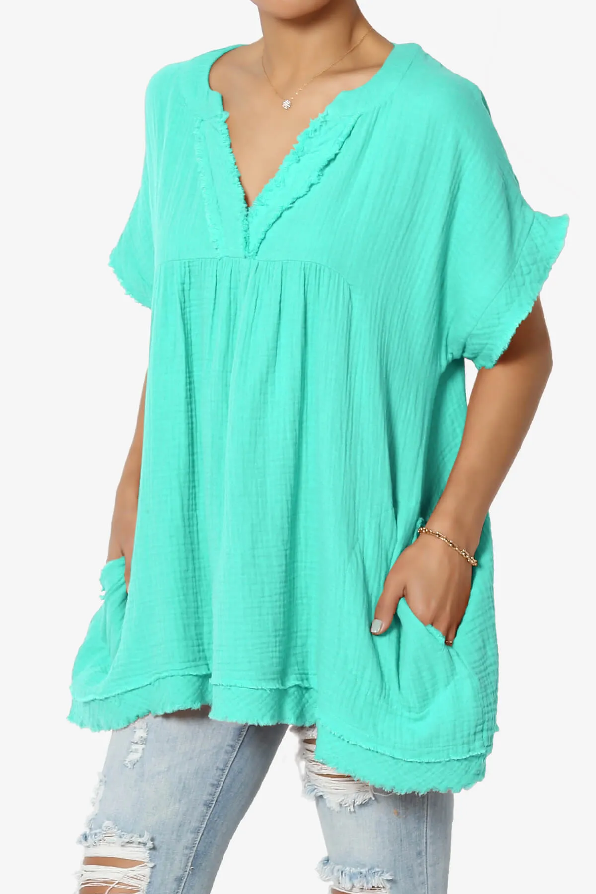 Milly Gauze V-Neck Babydoll Shirt Tunic PLUS