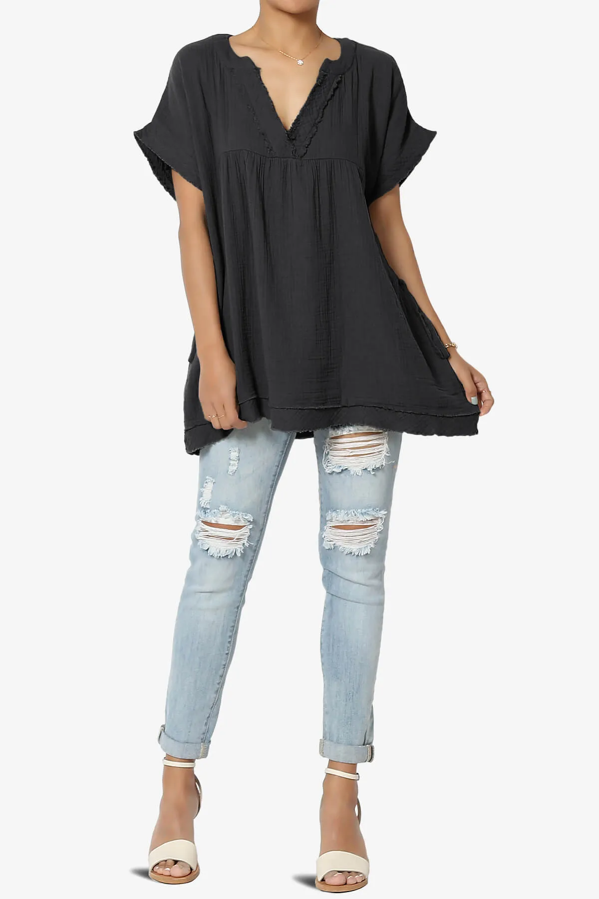 Milly Gauze V-Neck Babydoll Shirt Tunic PLUS