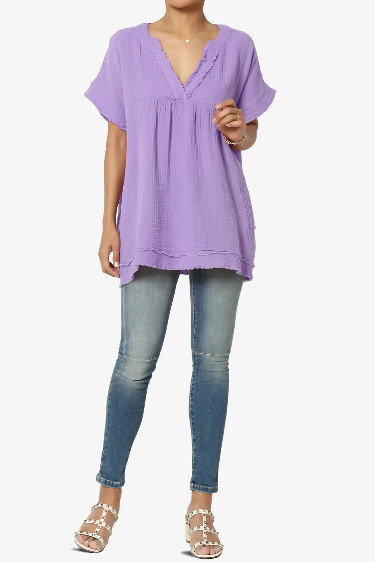 Milly Gauze V-Neck Babydoll Shirt Tunic PLUS