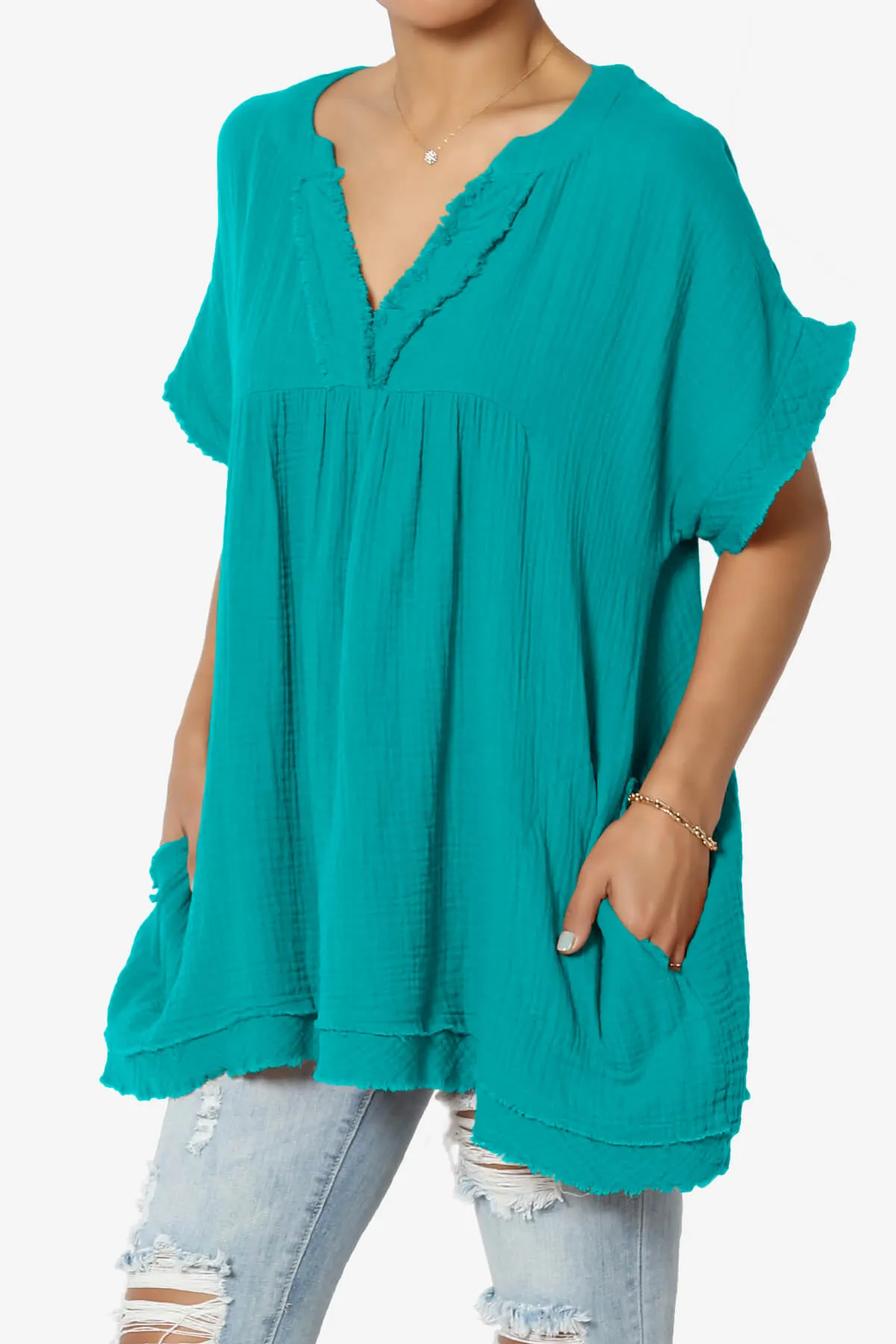 Milly Gauze V-Neck Babydoll Shirt Tunic PLUS