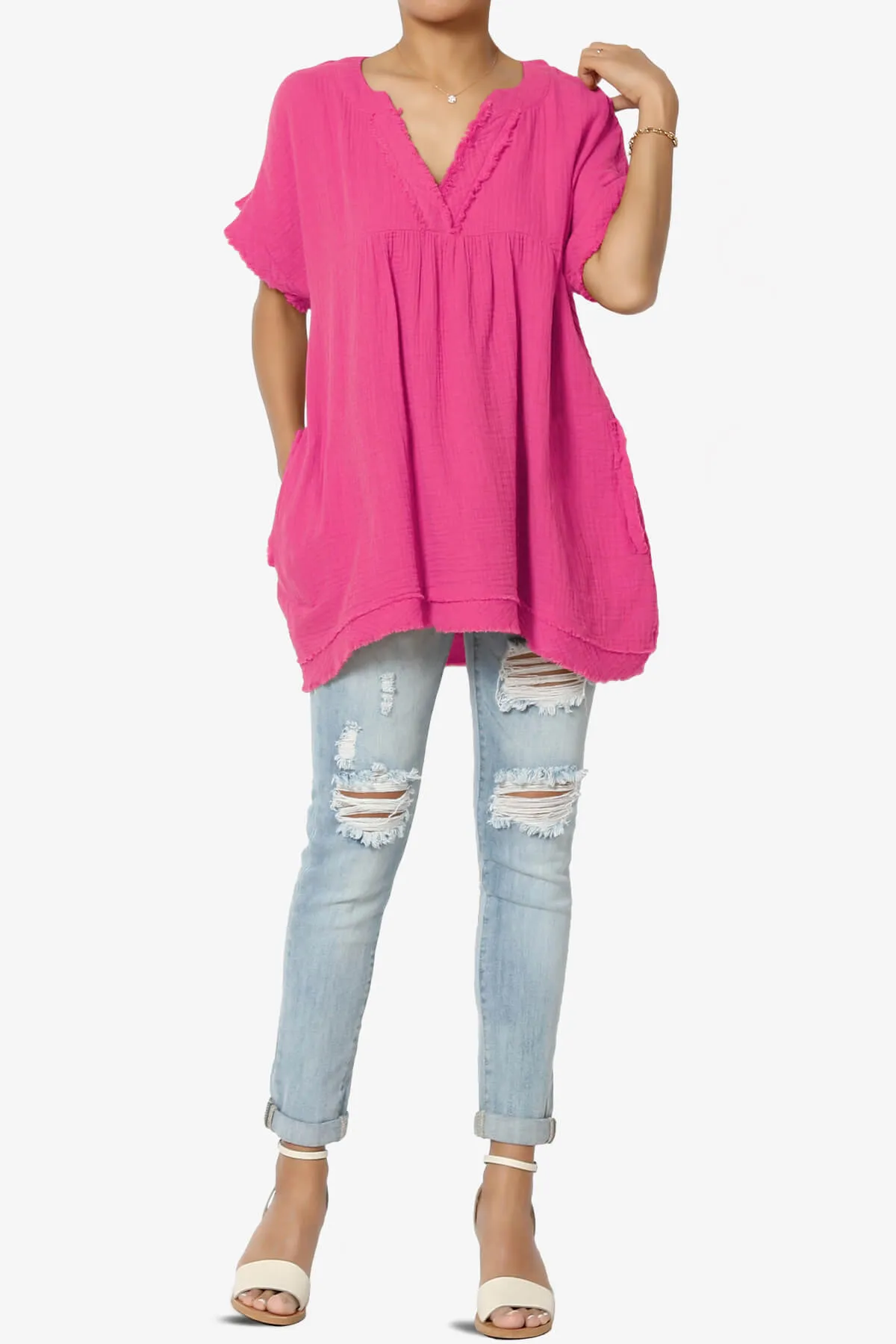 Milly Gauze V-Neck Babydoll Shirt Tunic PLUS