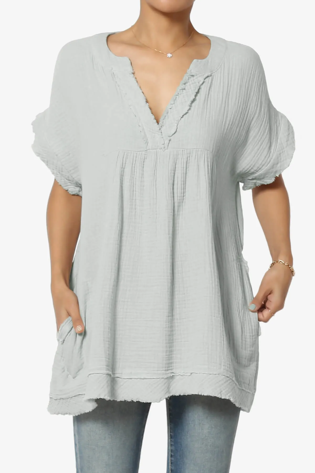 Milly Gauze V-Neck Babydoll Shirt Tunic PLUS
