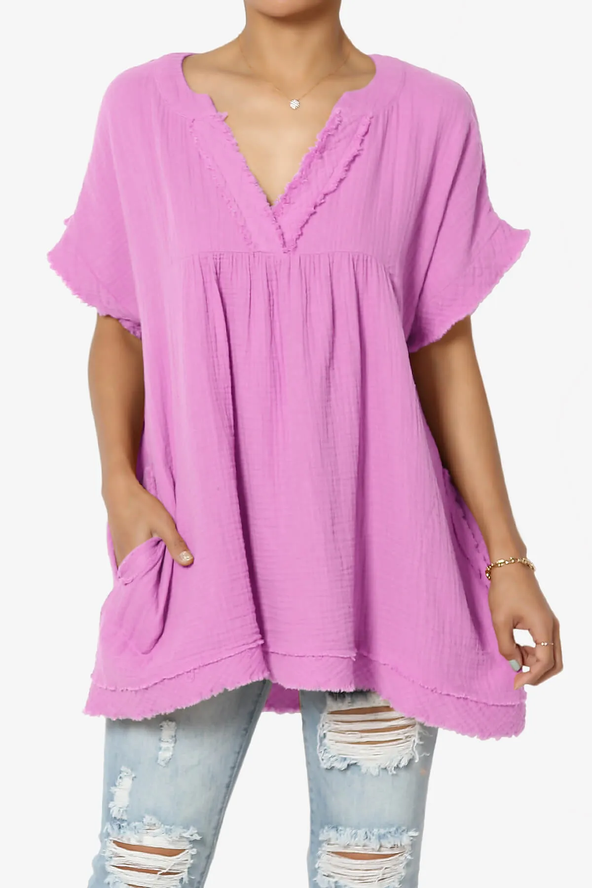 Milly Gauze V-Neck Babydoll Shirt Tunic PLUS