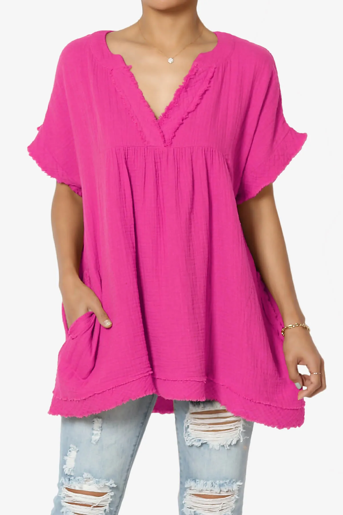 Milly Gauze V-Neck Babydoll Shirt Tunic PLUS