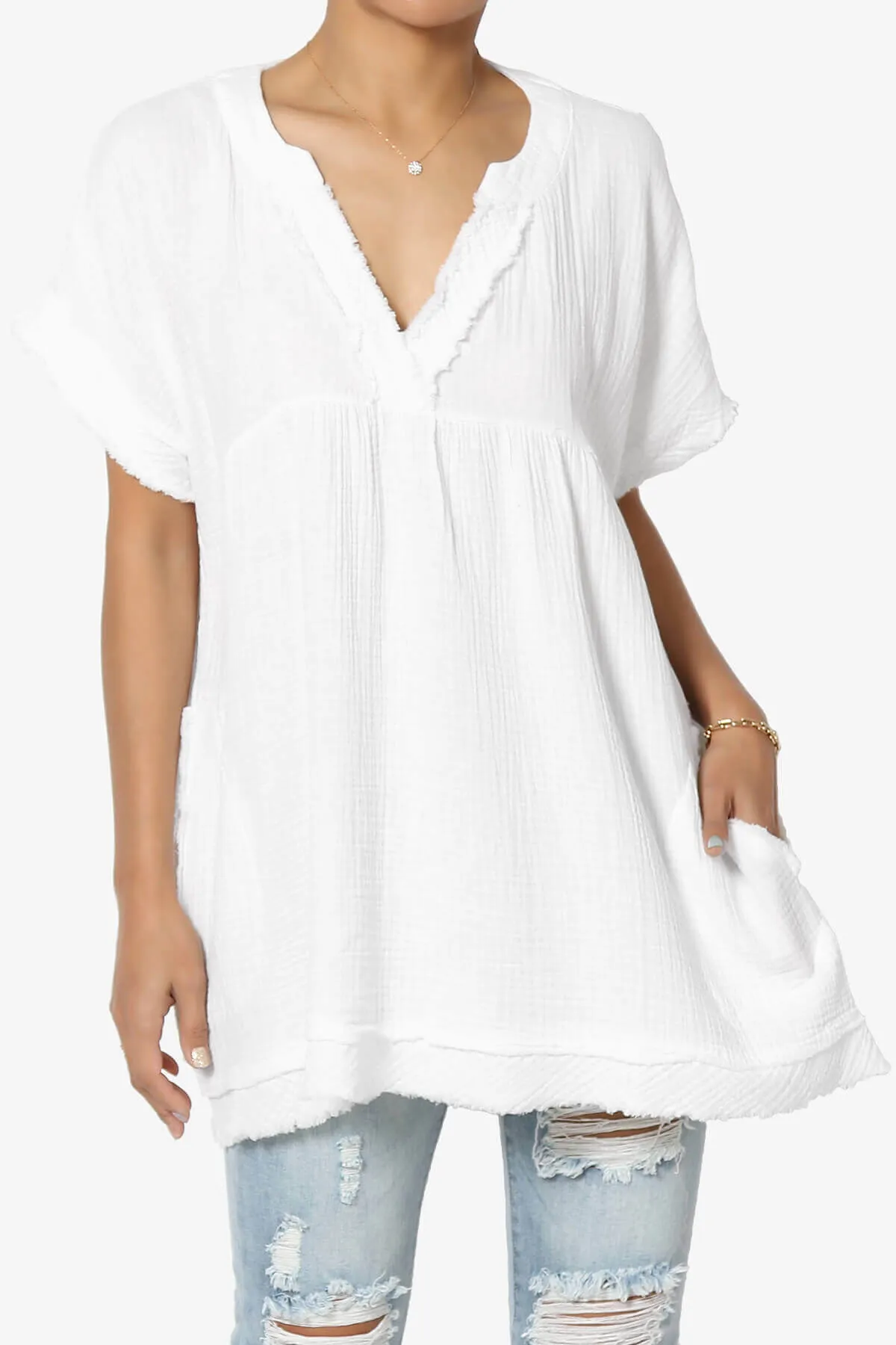 Milly Gauze V-Neck Babydoll Shirt Tunic PLUS
