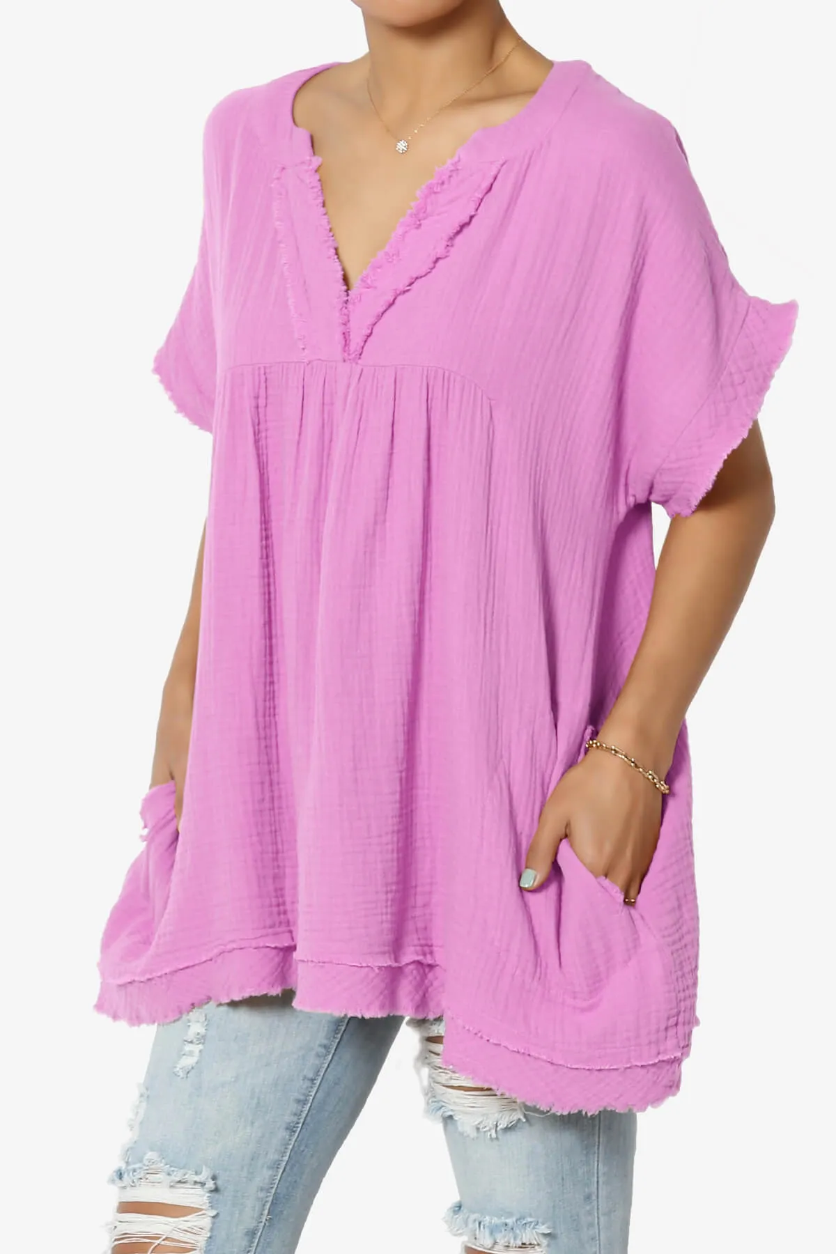 Milly Gauze V-Neck Babydoll Shirt Tunic PLUS