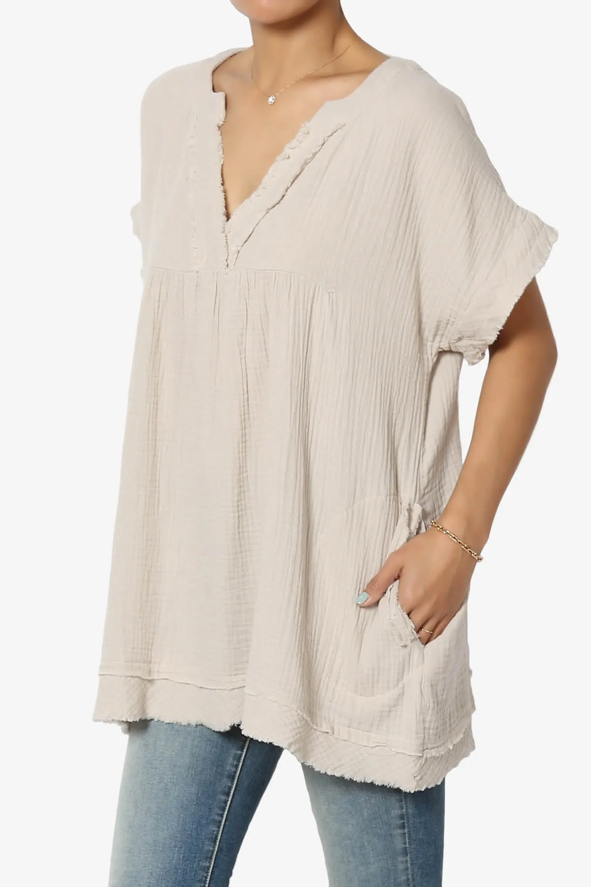 Milly Gauze V-Neck Babydoll Shirt Tunic PLUS