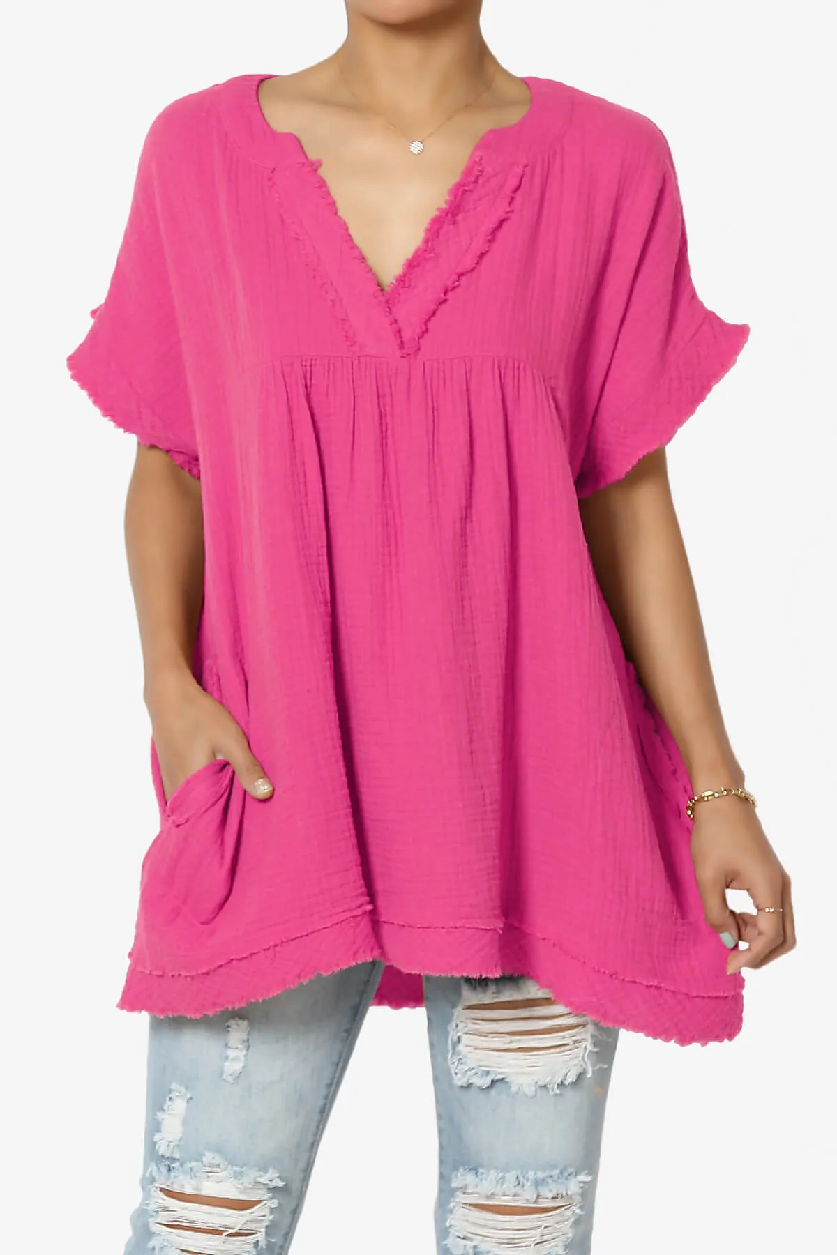 Milly Gauze V-Neck Babydoll Shirt Tunic PLUS