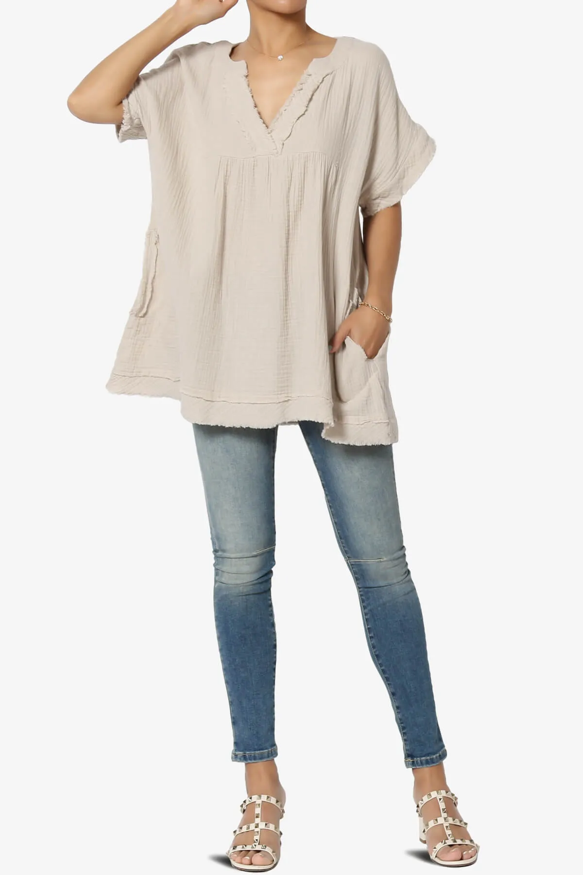 Milly Gauze V-Neck Babydoll Shirt Tunic PLUS