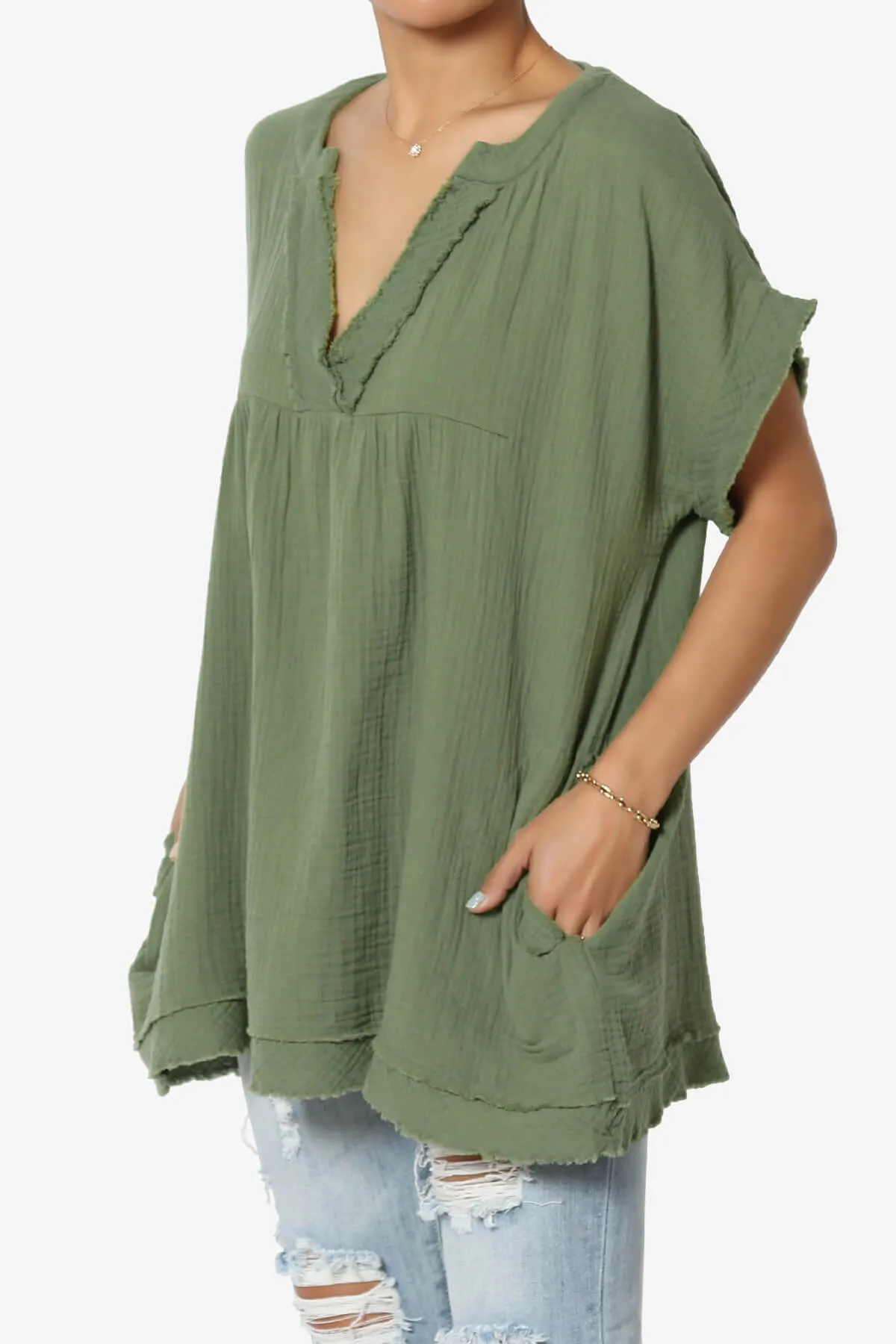 Milly Gauze V-Neck Babydoll Shirt Tunic PLUS