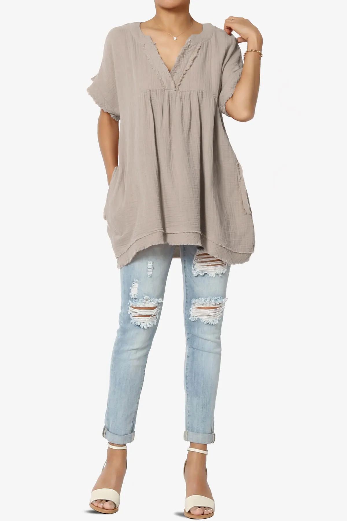 Milly Gauze V-Neck Babydoll Shirt Tunic PLUS