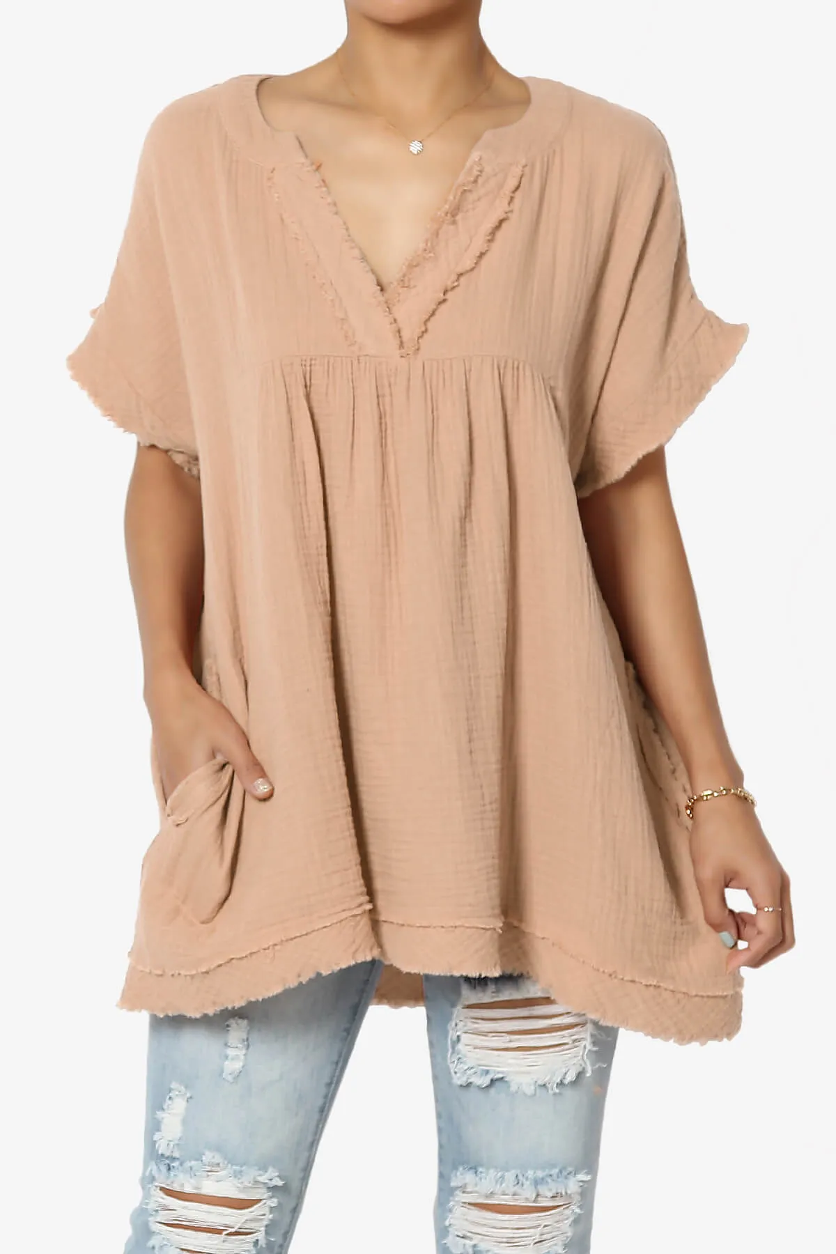 Milly Gauze V-Neck Babydoll Shirt Tunic PLUS