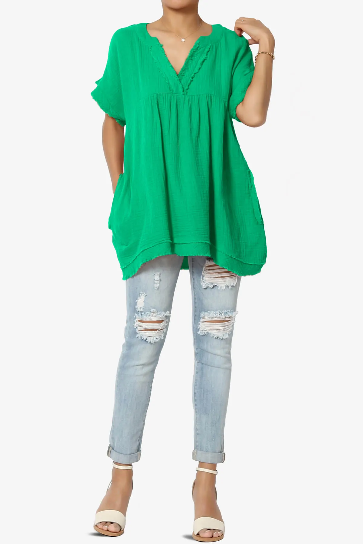 Milly Gauze V-Neck Babydoll Shirt Tunic PLUS