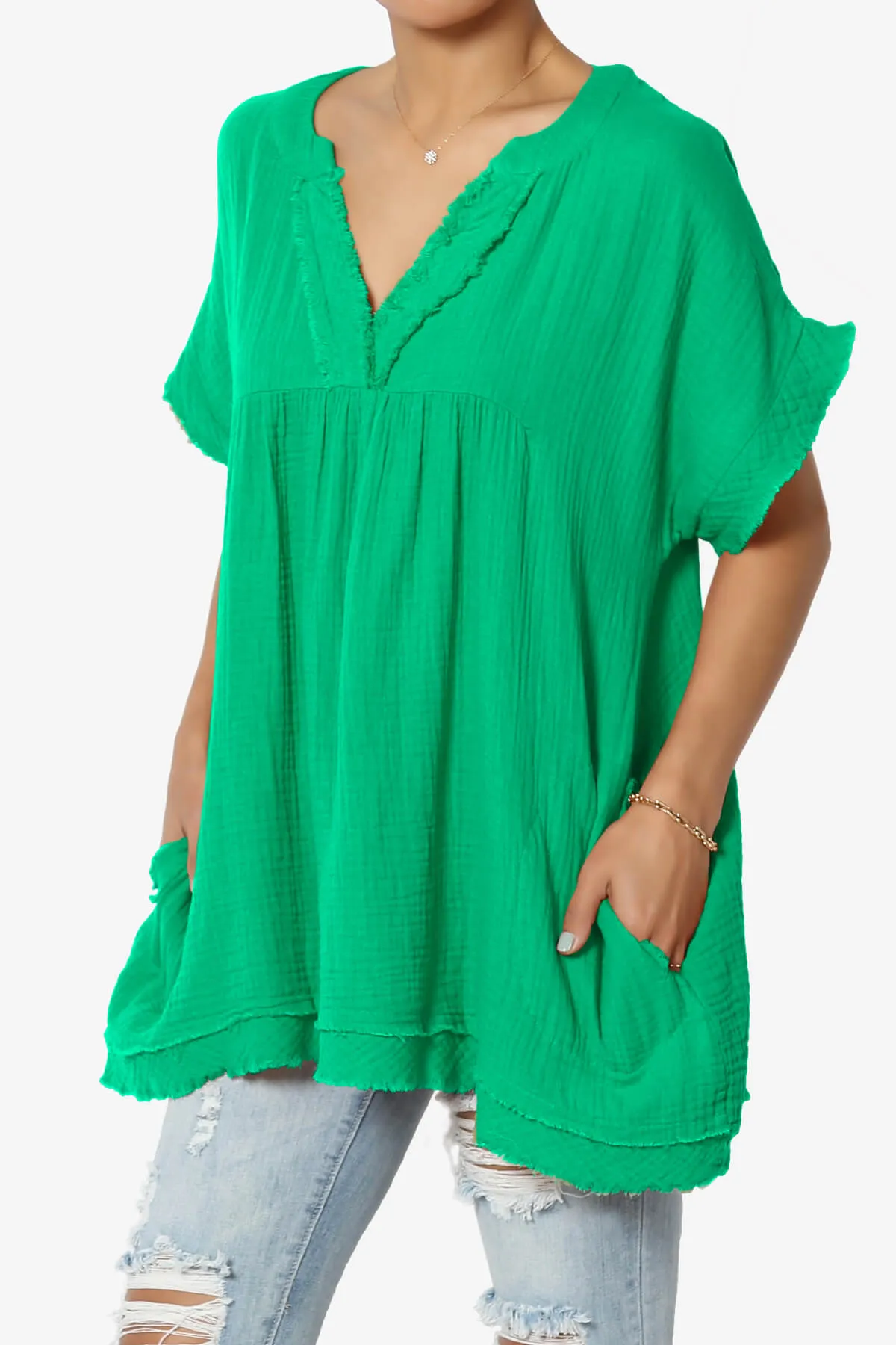 Milly Gauze V-Neck Babydoll Shirt Tunic PLUS