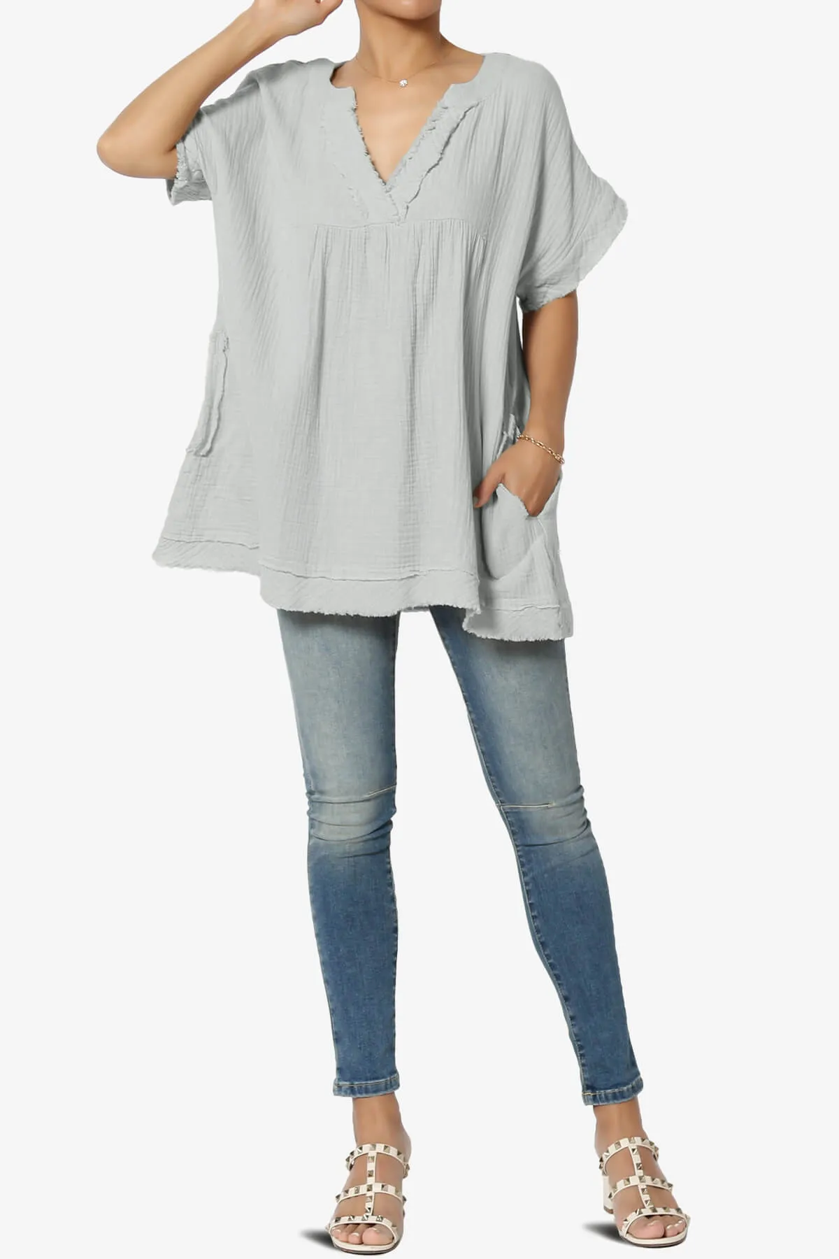 Milly Gauze V-Neck Babydoll Shirt Tunic PLUS