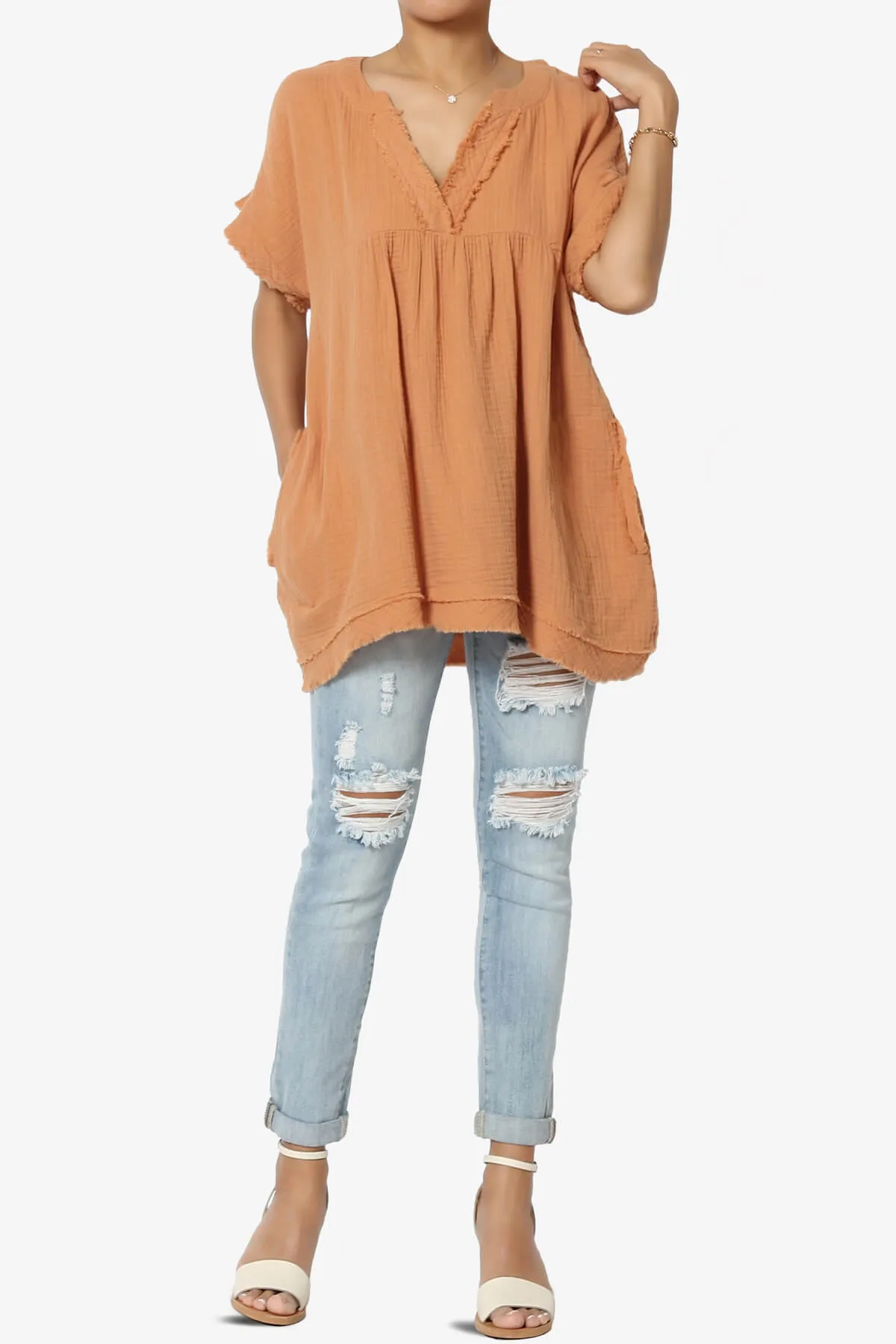 Milly Gauze V-Neck Babydoll Shirt Tunic PLUS