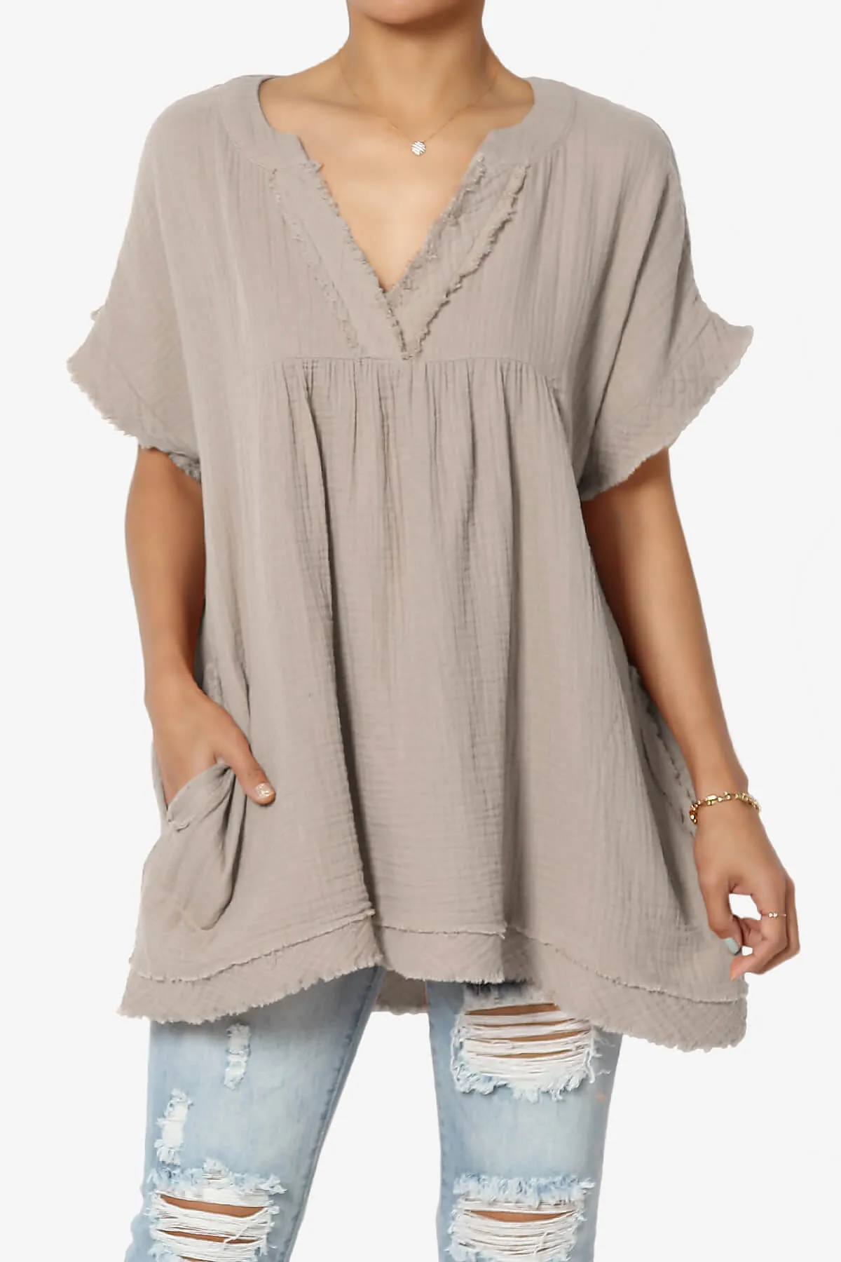 Milly Gauze V-Neck Babydoll Shirt Tunic PLUS